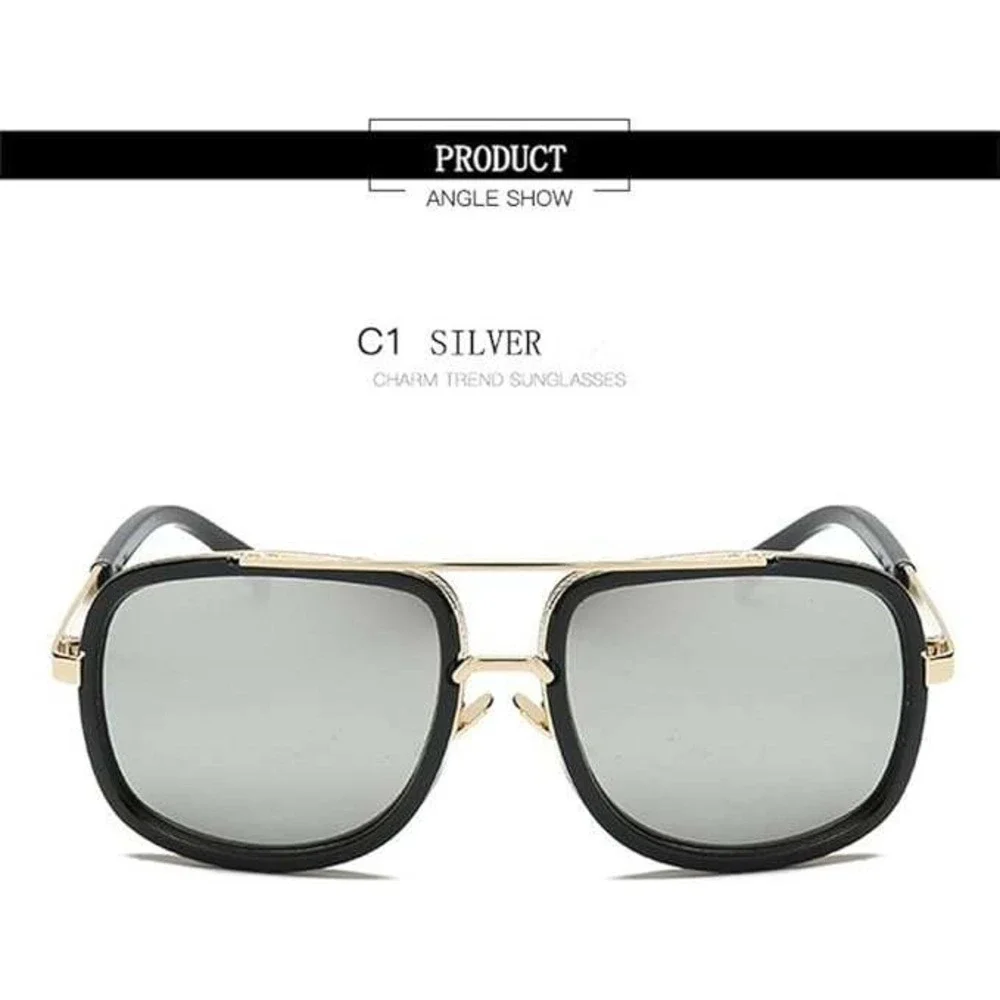 Trendy Men‎ Sunglasses Gold Black Frame Mirror Lens Retro Square Oversized Male